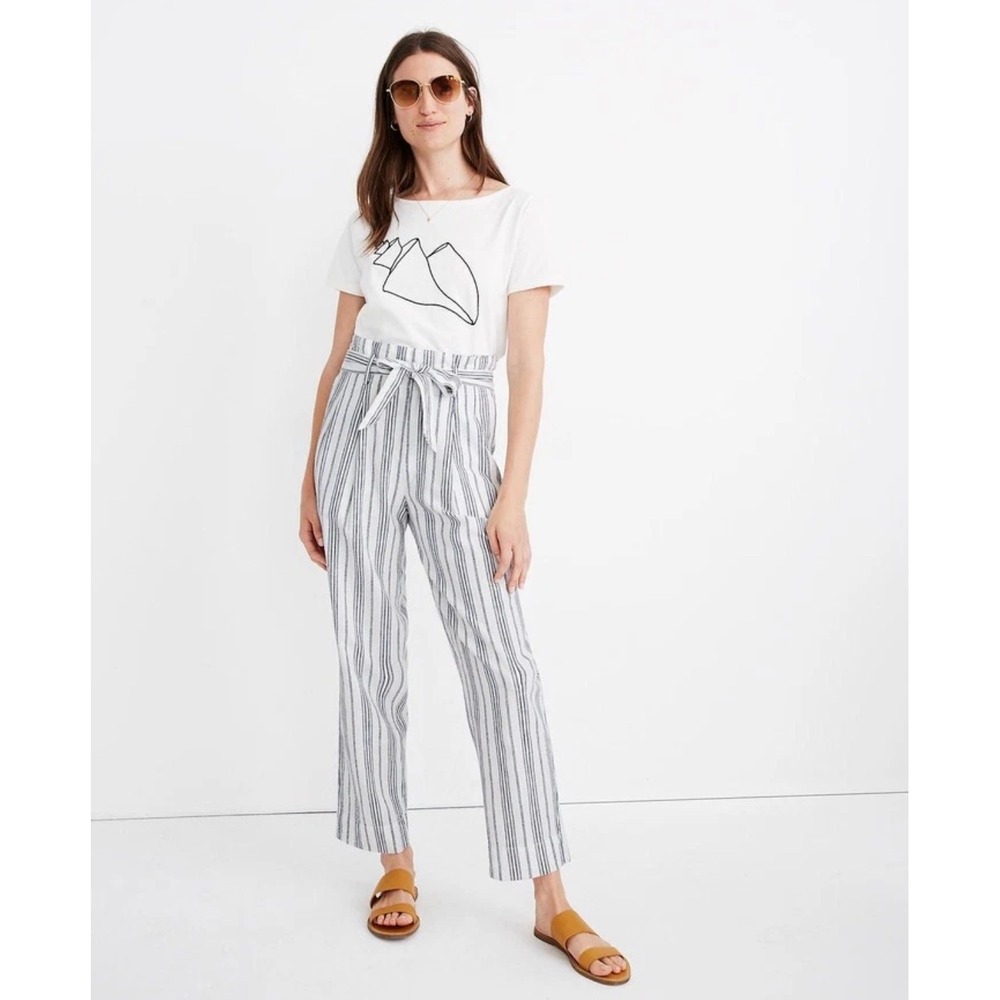 Madewell Paperbag Waist Striped Pants Navy White Linen Blend AN839 Size 6 NEW
